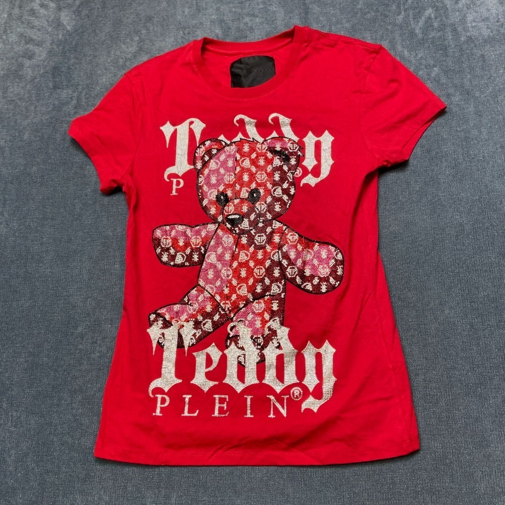 Philipp Plein Couture T Shirt Womens M Red Cotton Rhinestone Monogram Teddy Bear
